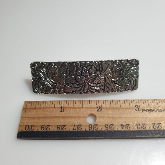 Hair Clip Silver Tone Floral Engraved Metal Bar Barrette Pony Tail Girl Gift - Picture 3 of 4